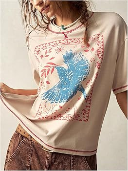 BEAUDRM Women's Graphic Boho Short Sleeve Tee Tops Crewneck Loose Fit T Shirts Streetwear | Amazon (US)