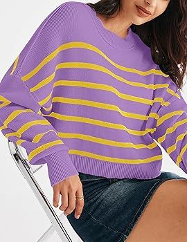 MEROKEETY Women's Long Sleeve Crew Neck Striped Crop Sweater Ribbed Knit Pullover Jumper Tops | Amazon (US)