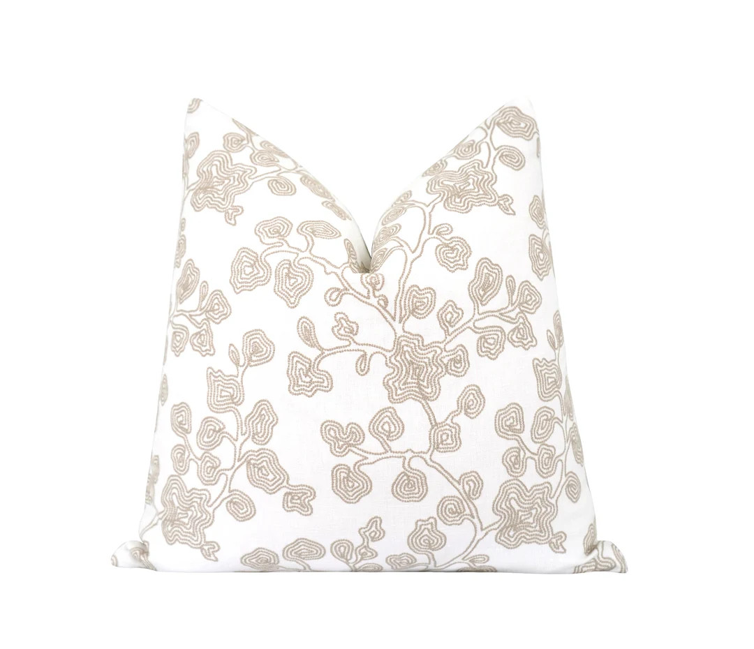 Beige Floral Embroidered Pillow Cover, DOUBLE Sided Designer Pillow Cover, Floral Pillow, Beige a... | Etsy (US)