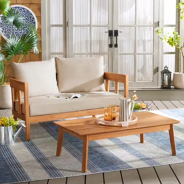 SAFAVIEH Outdoor Owen Cushion Solid Wood Bench & Table Set - 52Wx30Dx25H | Bed Bath & Beyond