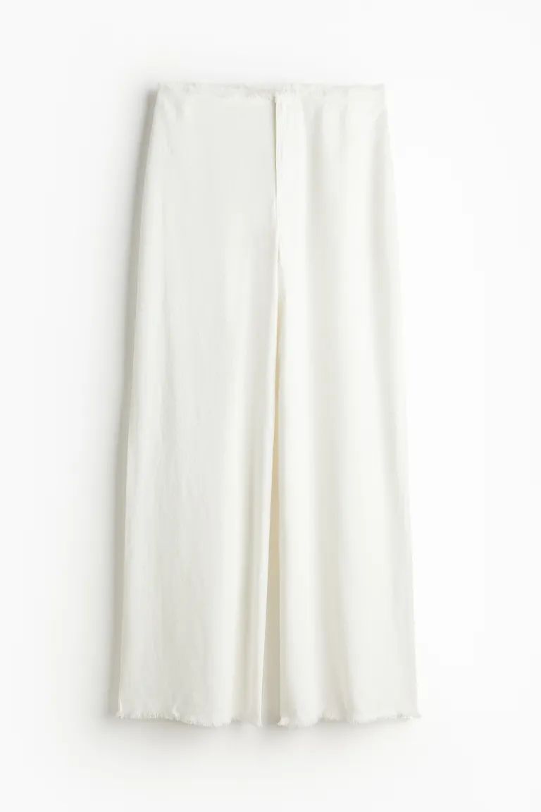 Frayed-edge linen-blend trousers - Regular waist - Long - White - Ladies | H&M GB | H&M (UK, MY, IN, SG, PH, TW, HK)