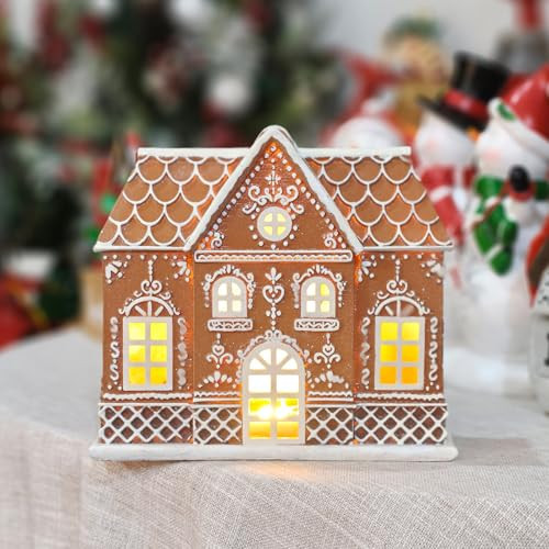 XIAPUX Gingerbread House Decor Gingerbread Christmas Decorations Indoor Resin House Village Figurine with LED Light Christmas Kitchen Tabletop Party Decor Gifts for Women | Amazon (US)