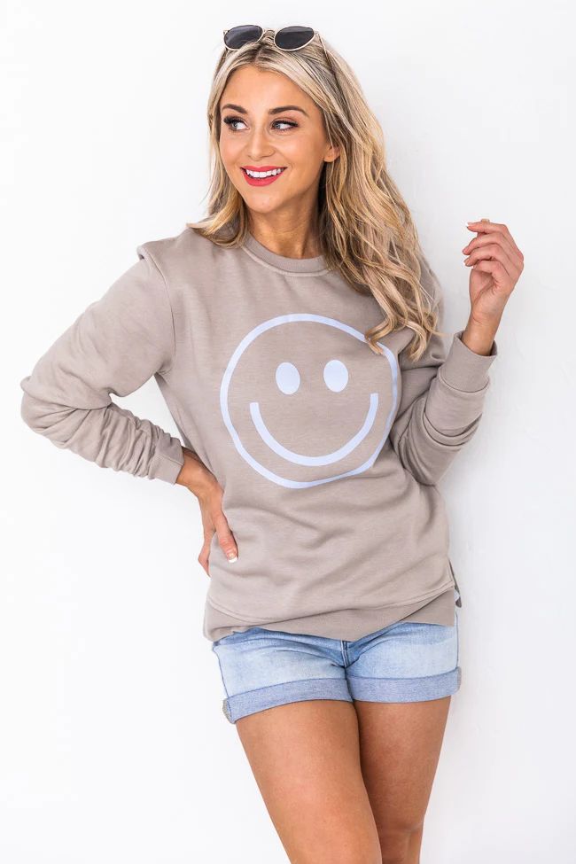 Blue Smiley Face Super Soft Fleece Tan Graphic Sweatshirt | Pink Lily