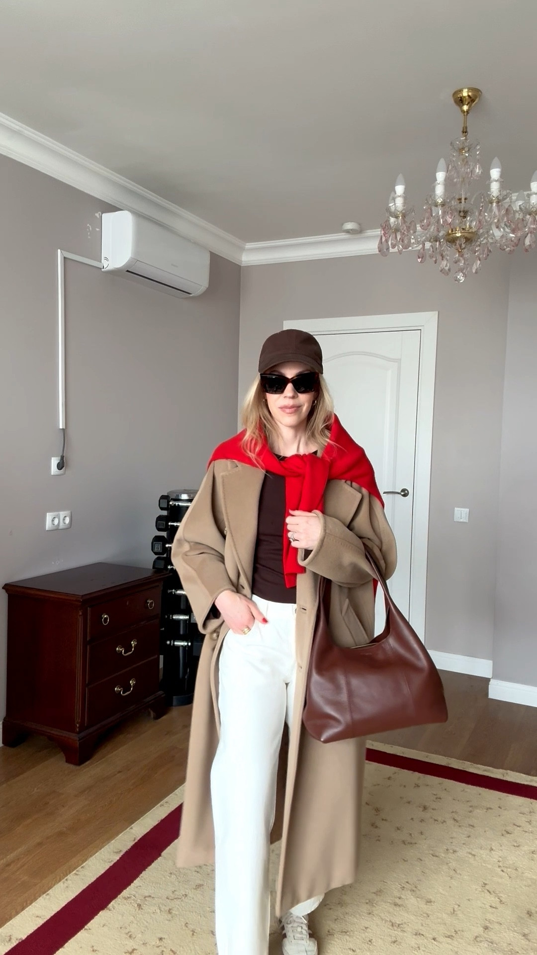 Casual spring outfit, camel coat, Levi’s white ankle jeans, chocolate brown and red outfit, dark brown handbag 

#LTKOver40 #LTKootd #LTKSaleAlert