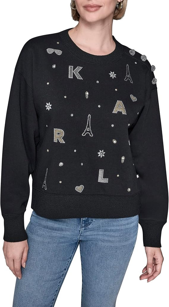 KARL LAGERFELD Women's Bling Sparkle Comfortable Fleece Sweatshirt | Amazon (US)