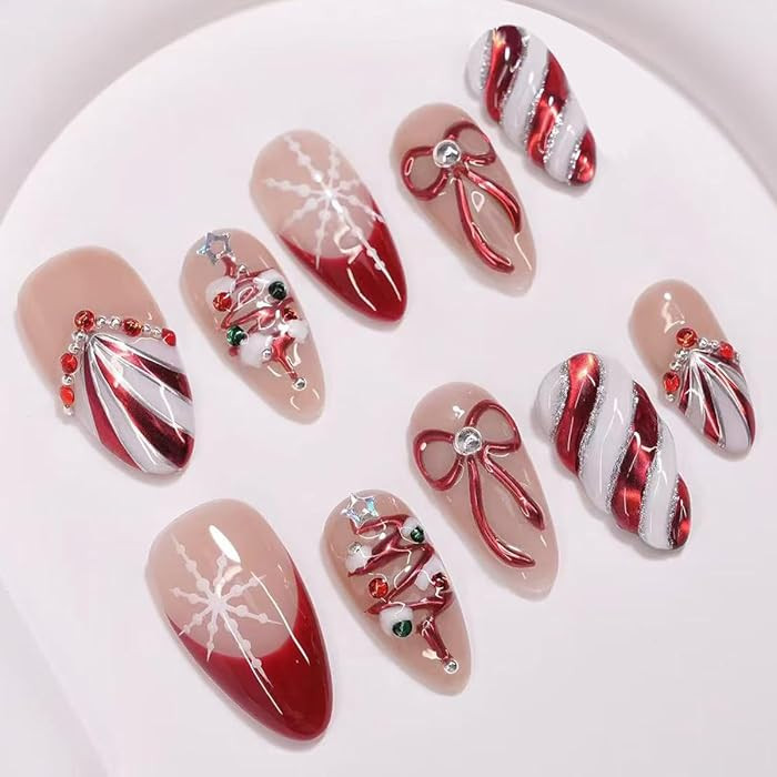 Luxury 30Pcs Christmas Press on Nails Red French Tip Glue on Nail Medium Almond Fake Nails with D... | Amazon (US)