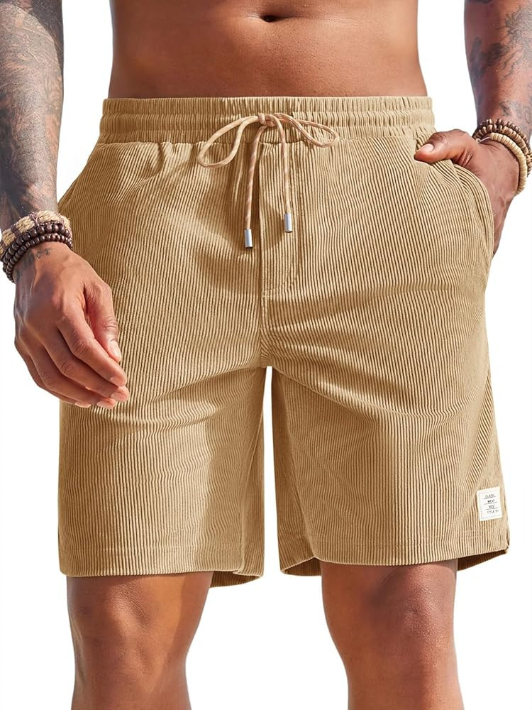 Yousify Men's Corduroy Shorts Casual Elastic Waist Drawstring Summer Beach Vacation Shorts with P... | Amazon (US)