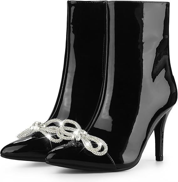 Perphy Patent Leather Boot Bow Rhinestone Pointy Toe Stiletto Heels Ankle Boots for Women | Amazon (US)