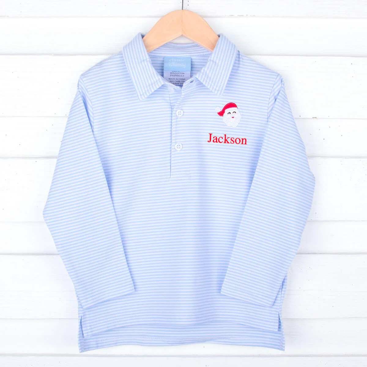 Happy Santa Light Blue Stripe Polo | Classic Whimsy