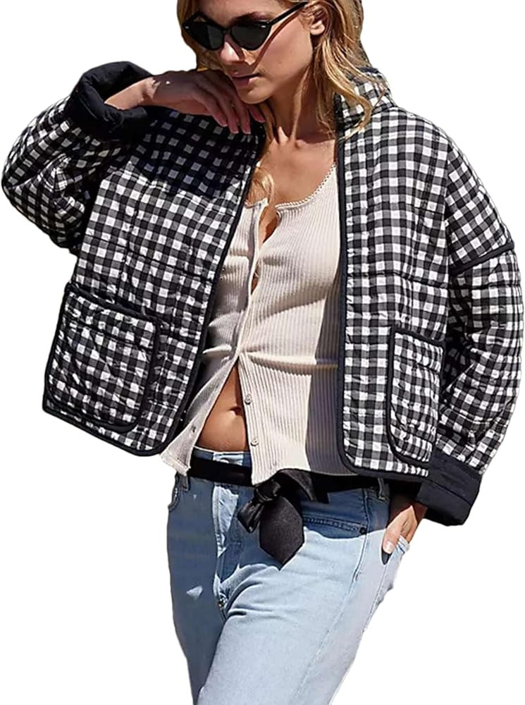 Bozanly Women's Cropped Puffer Quilted Jacket Plaid Printed Lightweight Long Sleeve Zipper Padded... | Amazon (US)