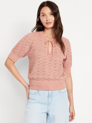 Wool-Blend Puff-Sleeve Tie-Neck Sweater | Old Navy (US)