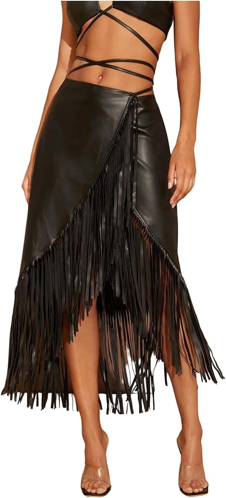MakeMeChic Women's PU Leather Low Waist Skirt Tie Wrap Fringe Party Midi Skirts | Amazon (US)