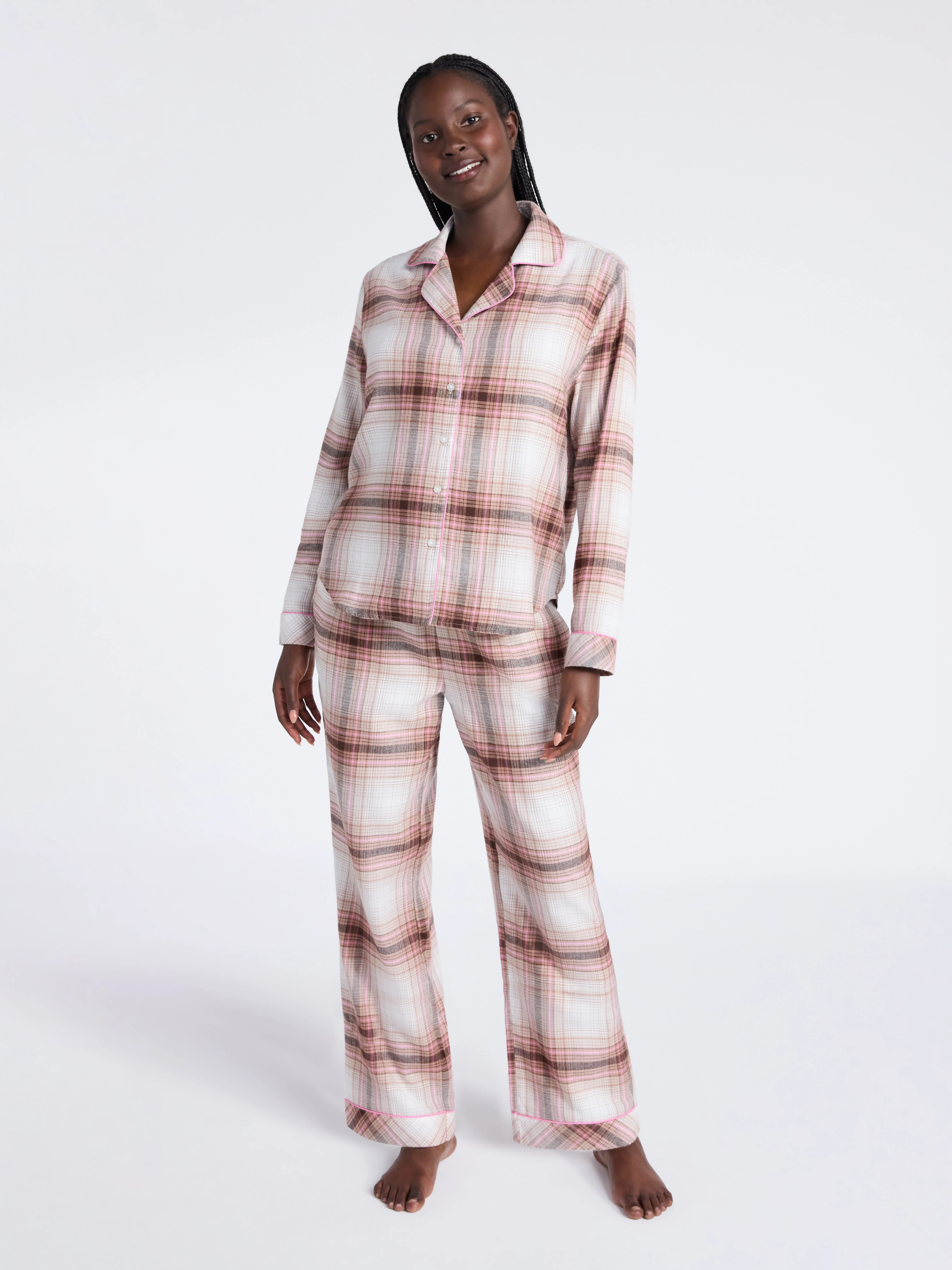 Joyspun Women's Long Sleeve Flannel Sleep Top and Pants Pajama Set, 2-Piece, Sizes XS-3X | Walmart (US)