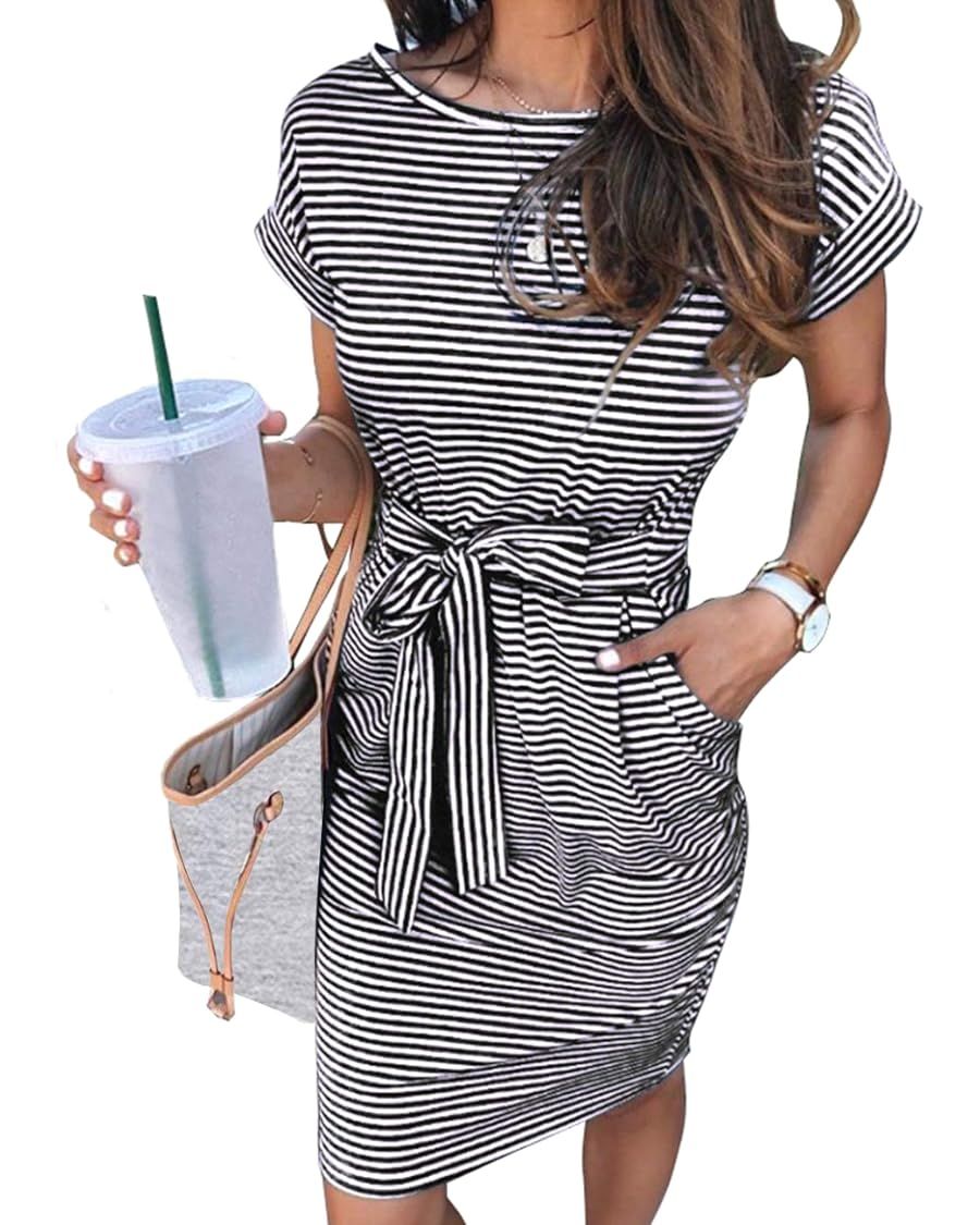 MEROKEETY Women's Summer Striped Short Sleeve T Shirt Dress Casual Tie Waist with Pockets | Amazon (US)