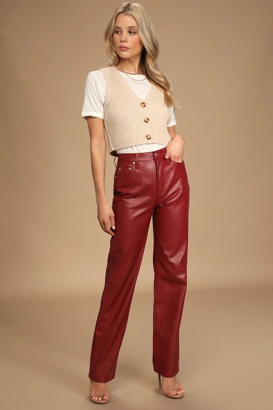 Cassie Red Vegan Leather High-Waisted Straight Pants | Lulus (US)