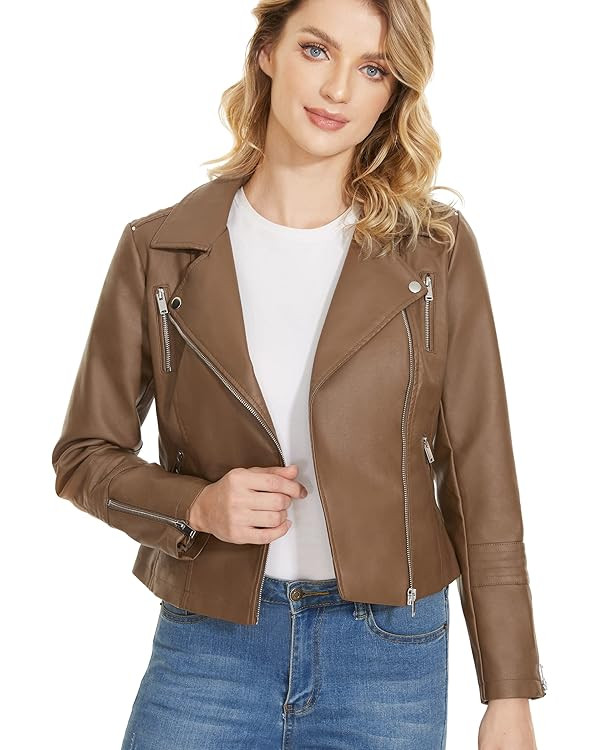 Fahsyee Faux Leather Jacket for Women, Vegan Jackets Moto Biker Motocycle Coat | Amazon (US)
