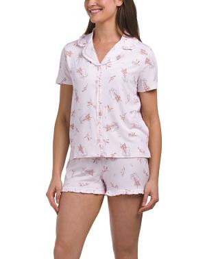 2pc Ghost Bouquet Ribbed Notch Collar Top And Shorts Pajama Set | TJ Maxx