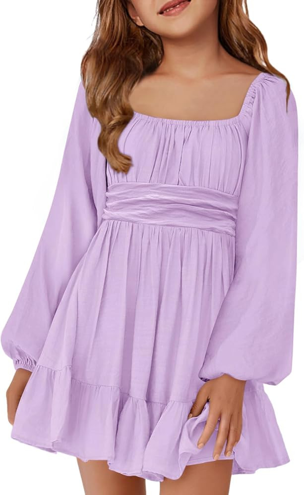Batermoon Girls Long Sleeve Tie Back Dress Kids Fall Square Neck A-Line Mini Dresses 5-14 Years | Amazon (US)