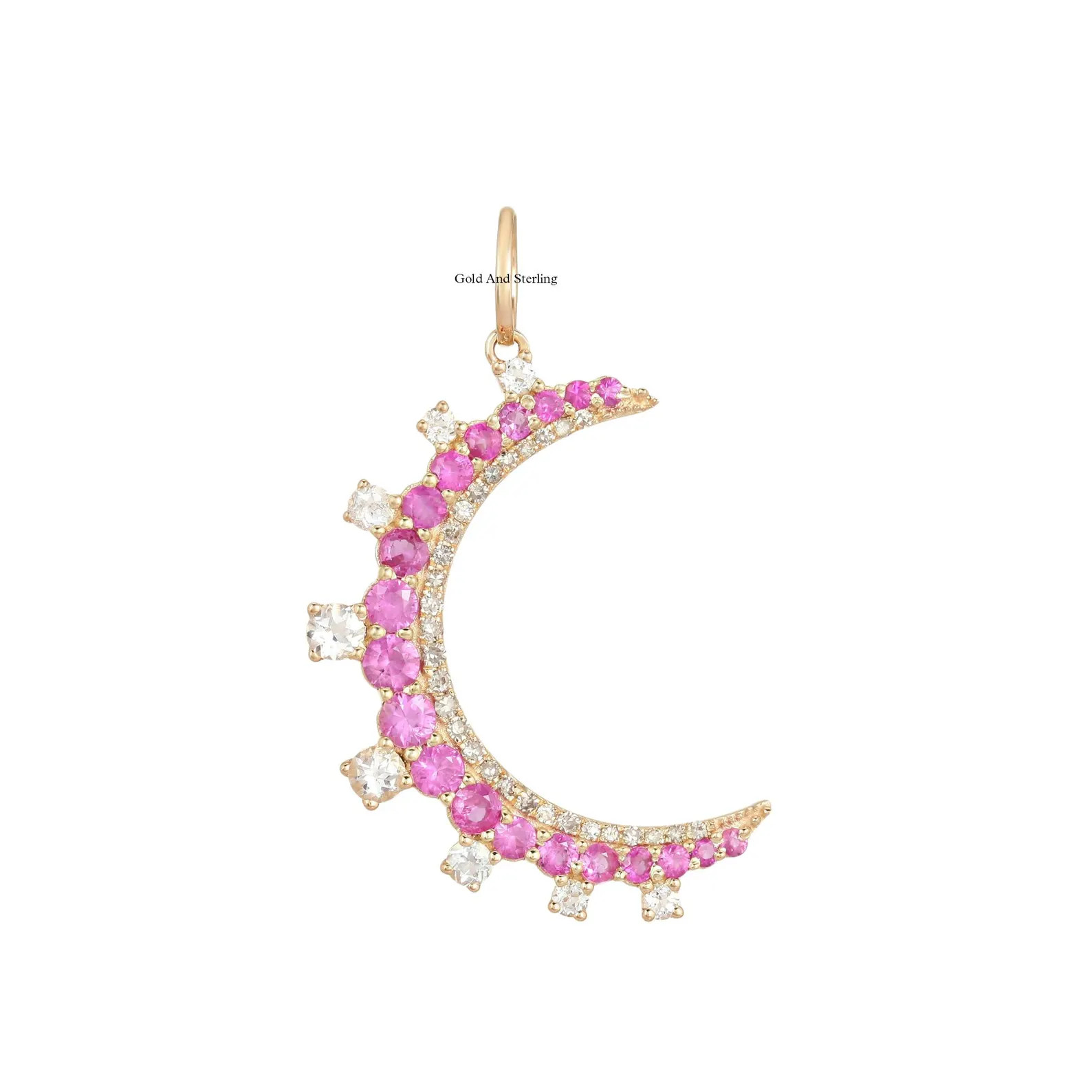 925 Silver & 14k Gold Pink Sapphire Diamond Crescent Moon Necklace, Celestial Pendant, Diamonds H... | Etsy (Global)