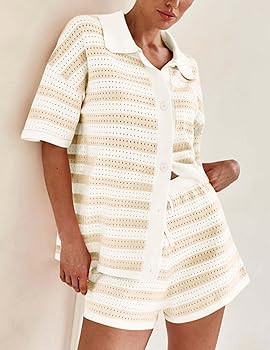 PRETTYGARDEN Women's 2 Piece Shorts Sets Casual Summer 2025 Short Sleeve Striped Sweater Set Matc... | Amazon (US)