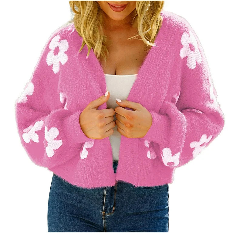 jsaierl Women's Cardigan Sweaters Daisy Print Knit Open Front Crop Cardigans Long Sleeve Sweater ... | Walmart (US)