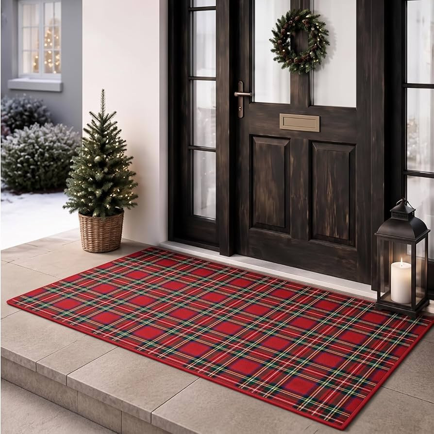 Dunzy Red Christmas Tartan Door Mat, Large Plaid Rug Decoration, 3' x 5' | Amazon (US)