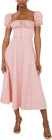 FRECOCCIALO Summer Floral Corset Midi Dress 2023 Square Neck Split Slit Bustier Dresses Boho Flow... | Amazon (UK)