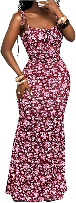 Milumia Women's Ditsy Floral Square Neck Dress Tie Shoulder Fishtail Bodycon Maxi Dresses Vacatio... | Amazon (US)