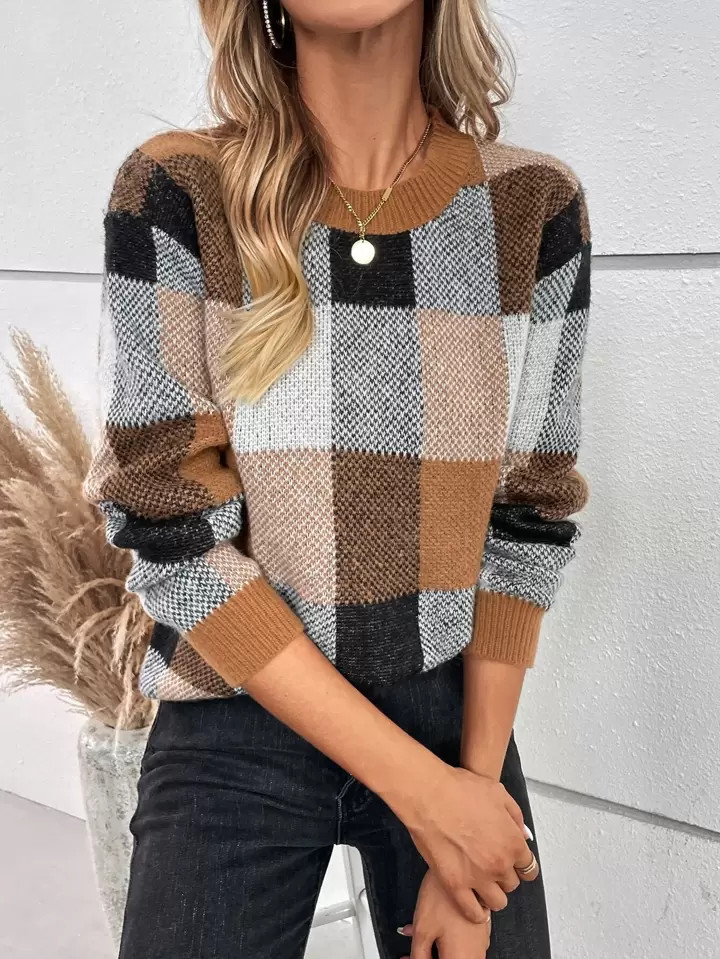 SHEIN LUNE Plaid Pattern Drop Shoulder Sweater | SHEIN
