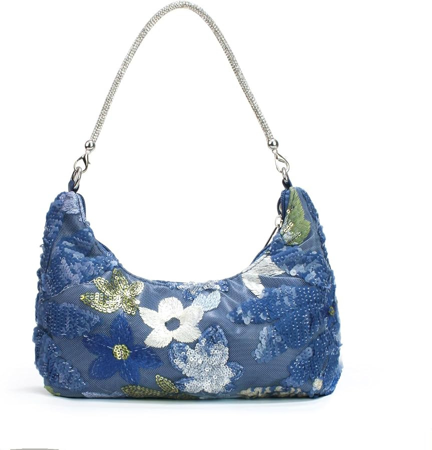Women's Beaded Sequin Floral Evening Bag Embroidered Top Handle Underarm Shoulder Handbags for Wedding Party | Amazon (US)