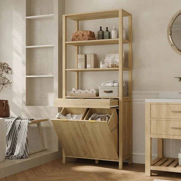 Tall Laundry Hamper Cabinet with Shelves and Drawer for Bathroom | Bed Bath & Beyond