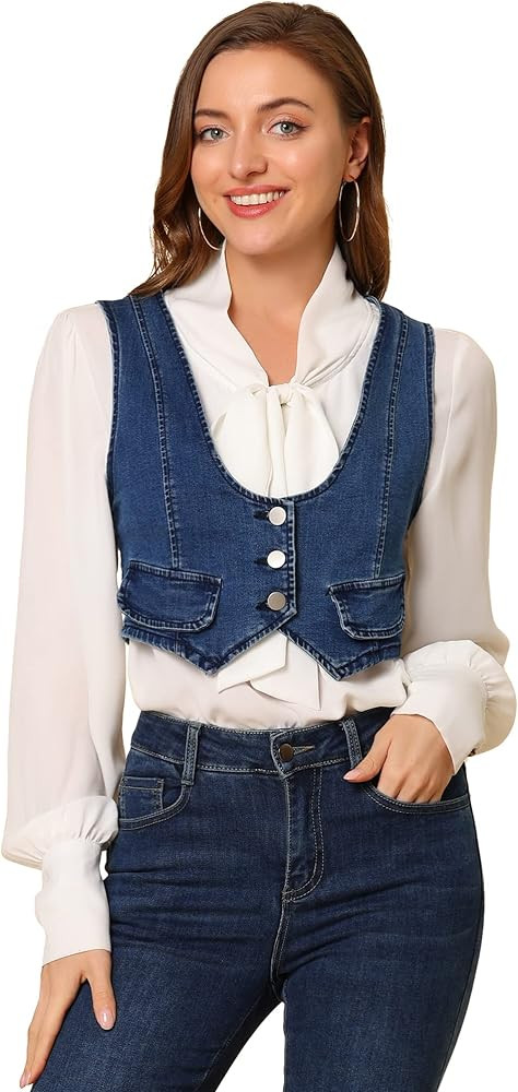 Allegra K Women's Denim Vest Vintage Button Up Sleeveless Crop Jean Vest Waistcoat | Amazon (US)