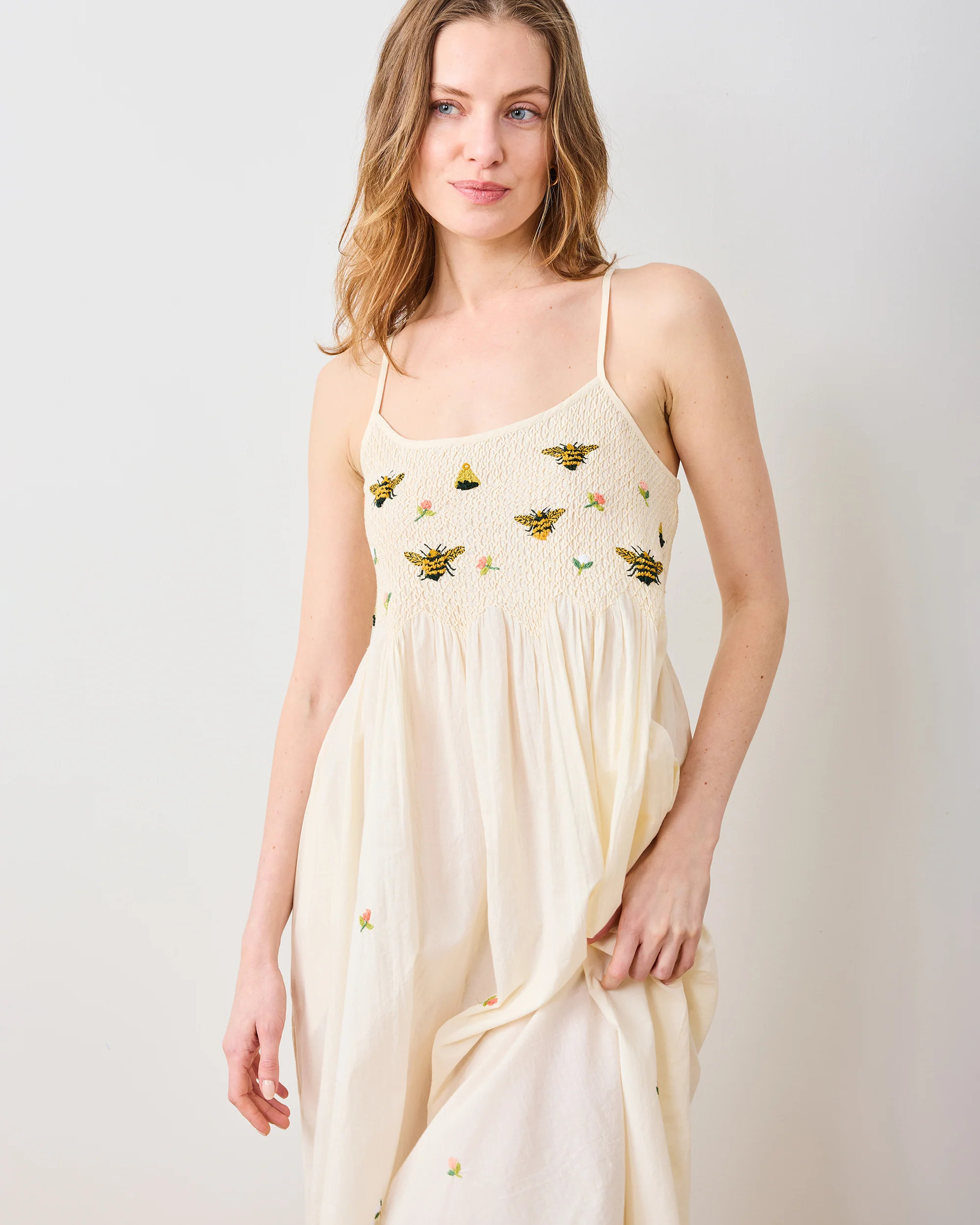 Spring Organic Cotton Embroidered Smocked Nightgown - Yellow Sweet Bee - Women's XS | Printfresh
