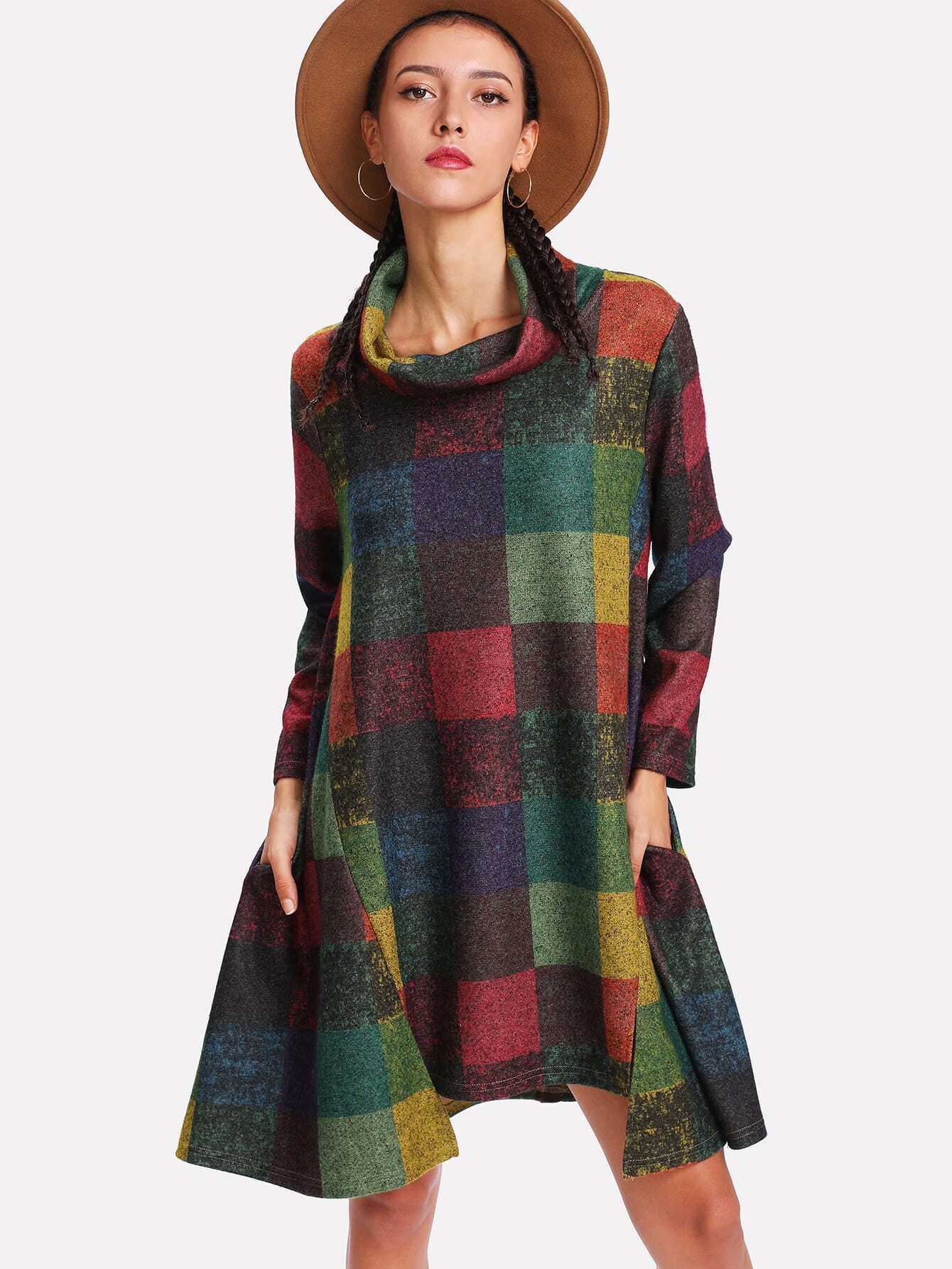 Funnel Neck Checked Swing Dress | SHEIN