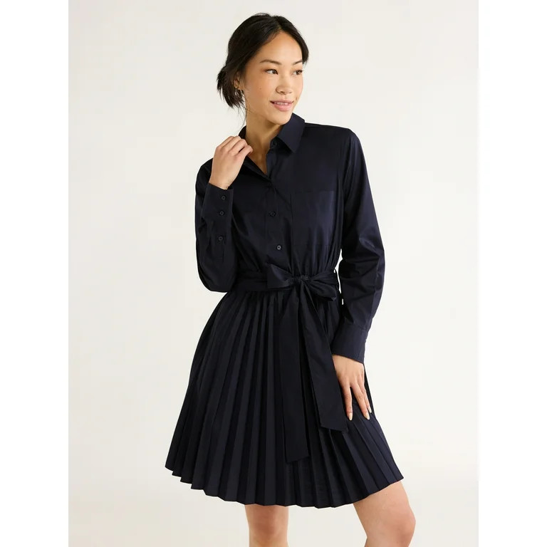 Free Assembly Women’s Pleated Mini Shirtdress with Long Sleeves, Size XS-XXL - Walmart.com | Walmart (US)