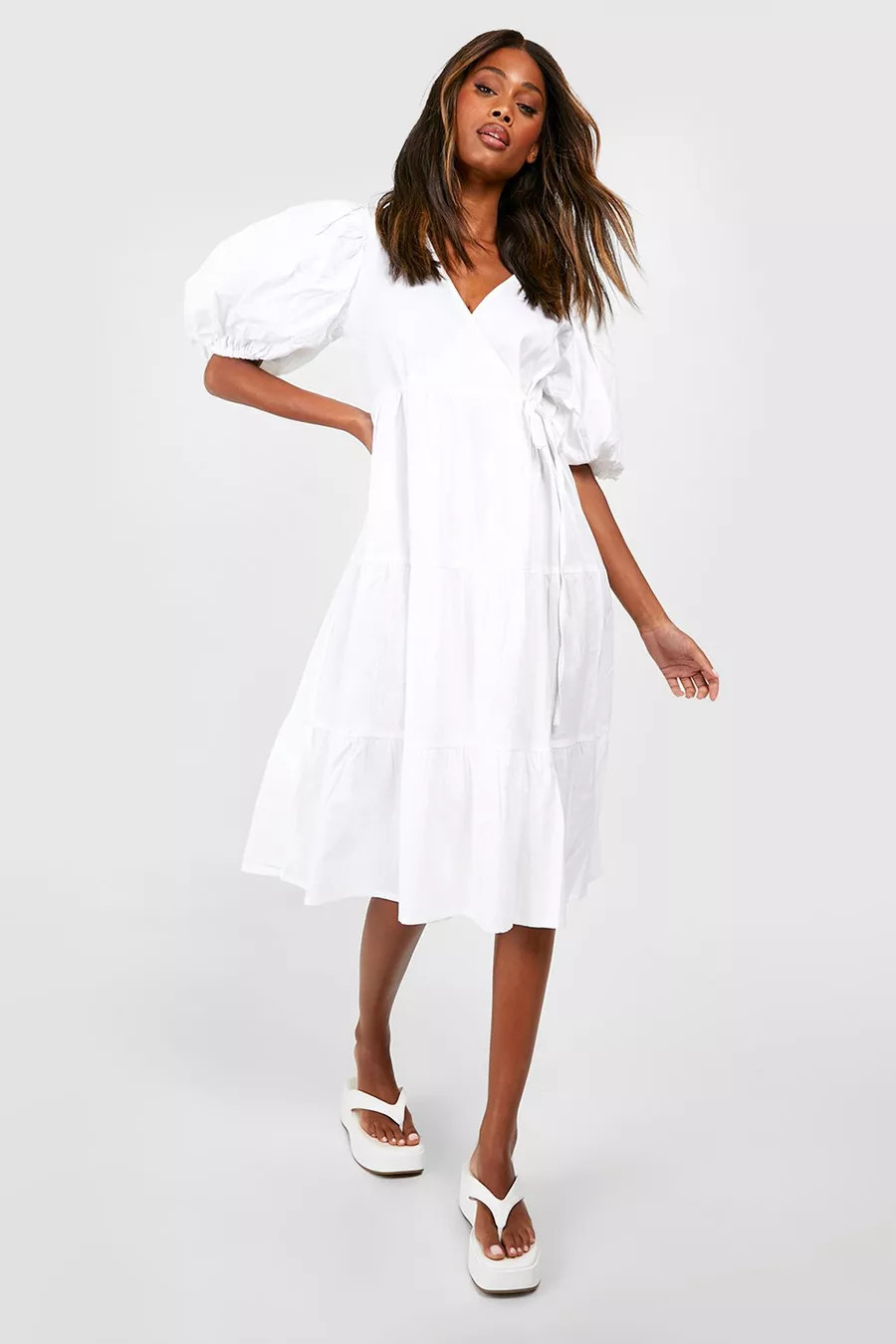 Linen Puff Sleeve Wrap Midi Dress | Boohoo.com (UK & IE)