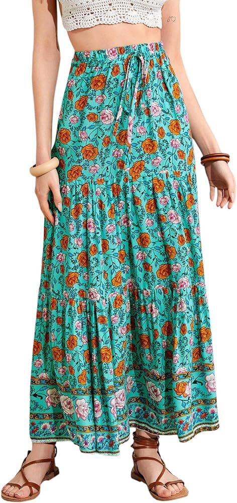 Women's Boho Vintage Floral Print Tie Waist A Line Maxi Skirts | Amazon (US)