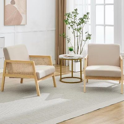 Mid Century Modern Accent Chair, Comfy Living Room Chairs with Sturdy Wood Legs, Rattan Backrest & Beige Thick Linen Cushion, Beige (2 PCS) | Target