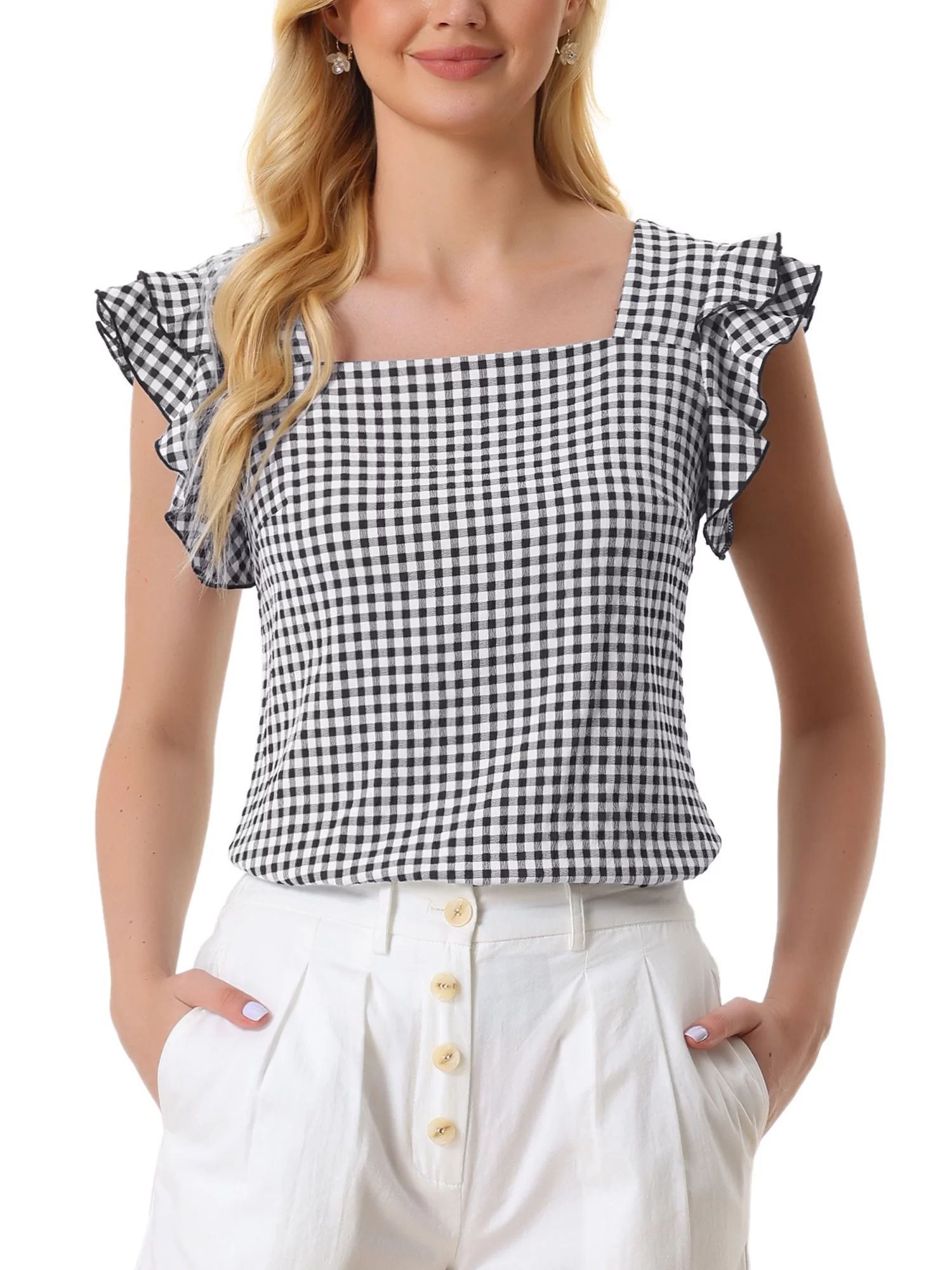Allegra K Summer Gingham Tops for Women's Square Neck Ruffle Sleeve Blouse | Walmart (US)