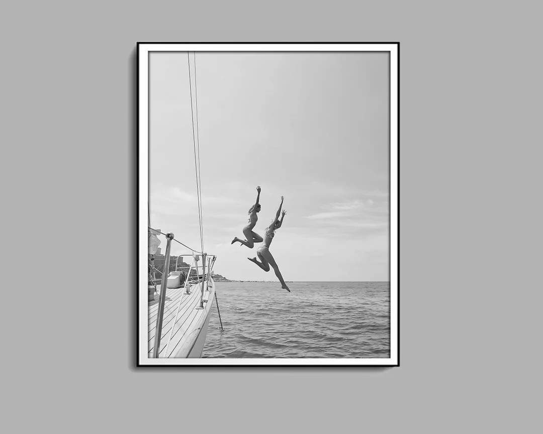 Black and White Ocean Jump Sail Boat, Yacht Wall Art, Women Jumping Into Water, Wall Art, Beach P... | Etsy (US)