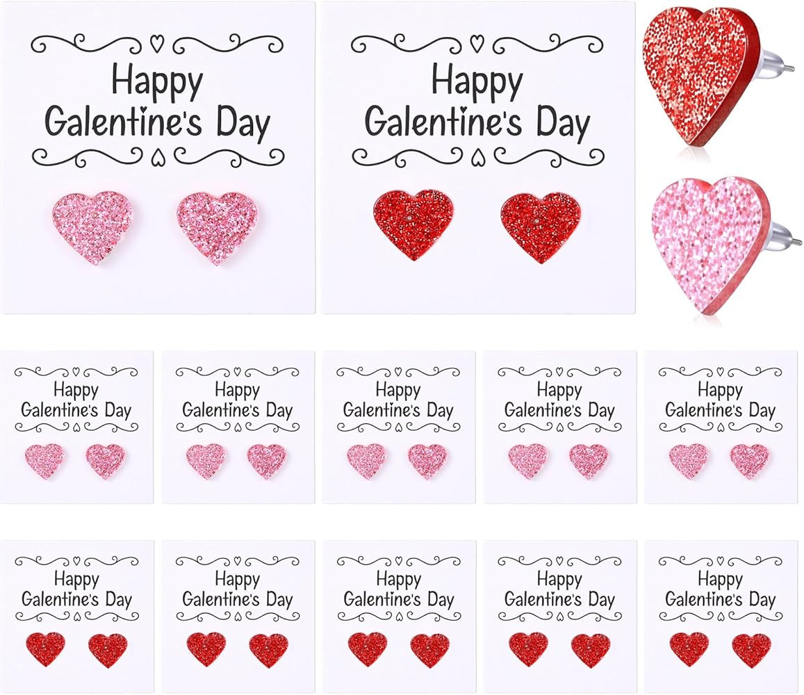 Kigeli 12 Pcs Galentines Day Glitter Heart Earrings Acrylic Red Pink Love Heart Stud Earring for ... | Amazon (US)