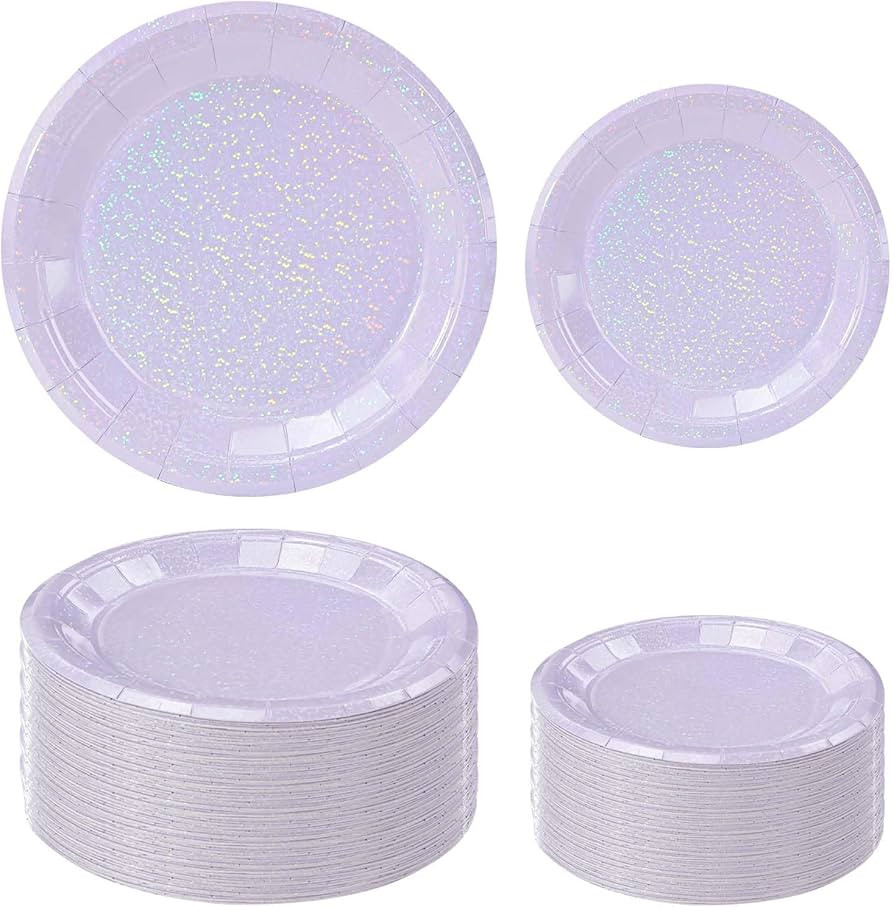 50 Pcs Iridescent Light Purple Paper Plates 25 × 7'' and 25 × 9'' Disposable Lavender Shiny Hol... | Amazon (US)