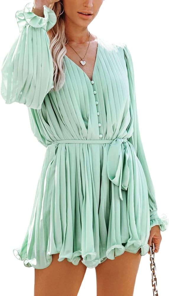 Dokotoo Womens 2023 Summer Buttons V Neck Tie Waist Flared Pleated Drape Long Sleeve Rompers Jumpsui | Amazon (US)
