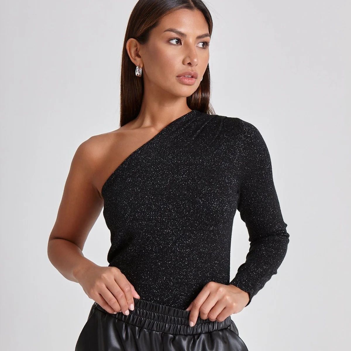KNITTED ONE SHOULDER TOP - BLACK | WAT The Brand