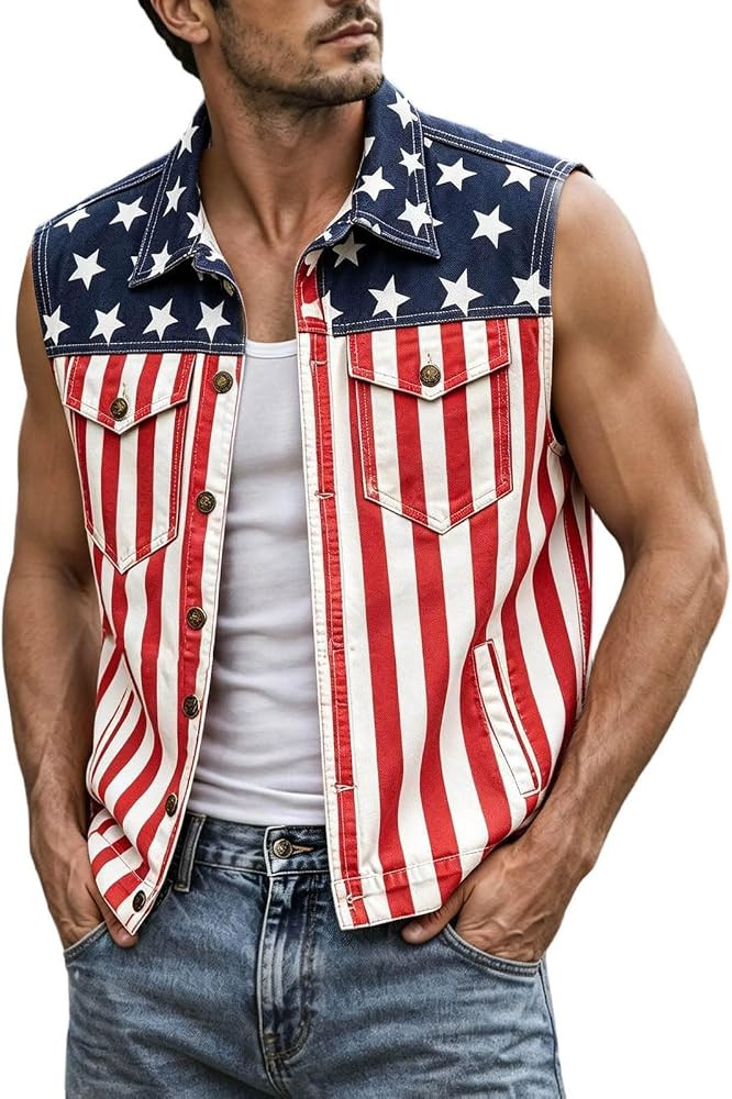 HJINGSUN American Flag Cut Off Shirt Men Star Stripe Patriotic Sleeveless Shirts Button Up Tank T... | Amazon (US)
