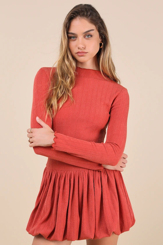 Approachably Adorable Rust Red Ribbed Bubble-Hem Mini Dress | Lulus