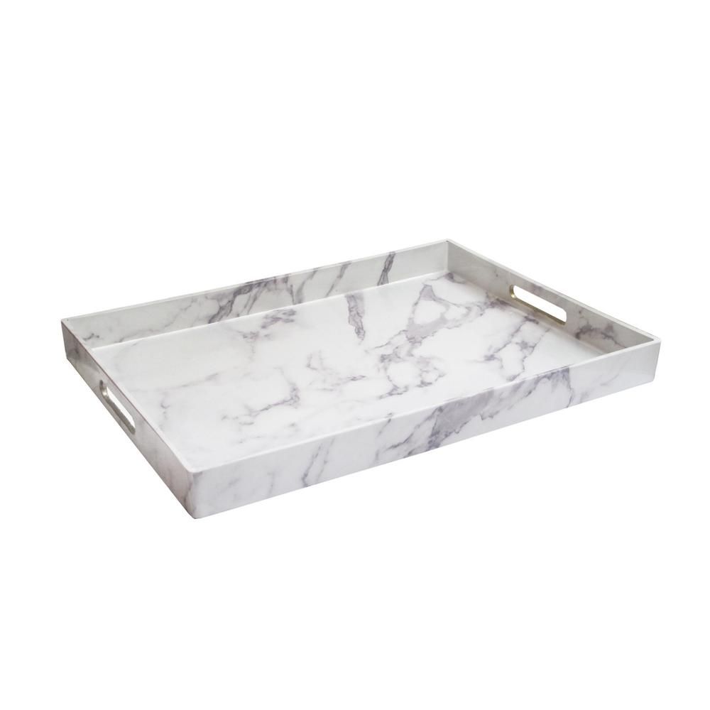 American Atelier White/Gray Polypropylene Marble Tray with Handle | The Home Depot