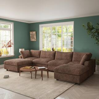 157.48 in. Rabbit Plush Fabric Square Arm 6-Piece U Shaped Modular Sectional Sofa in Brown with Ottoman | The Home Depot