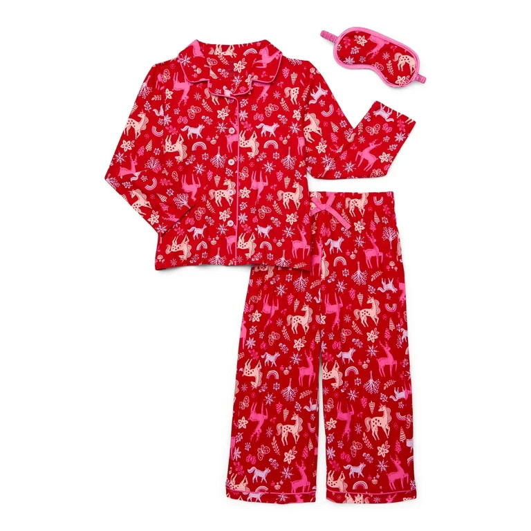 Holiday Time Girls Button Front Pajama Set with an Eye Mask, 3-Piece, Sizes 4-18 & Plus | Walmart (US)