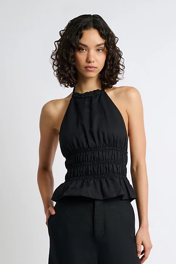 Onia Air Linen Smocked Halter Top in Black, Women's at Urban Outfitters | Urban Outfitters (US and RoW)